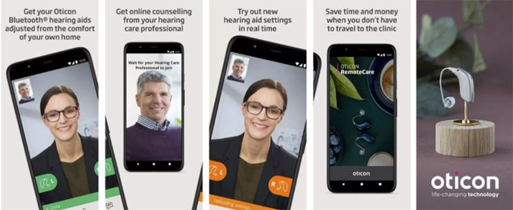 Oticon RemoteCare App displayed on smartphones showcasing features like online counselling, hearing aid adjustments, and convenience benefits, alongside an Oticon hearing aid.