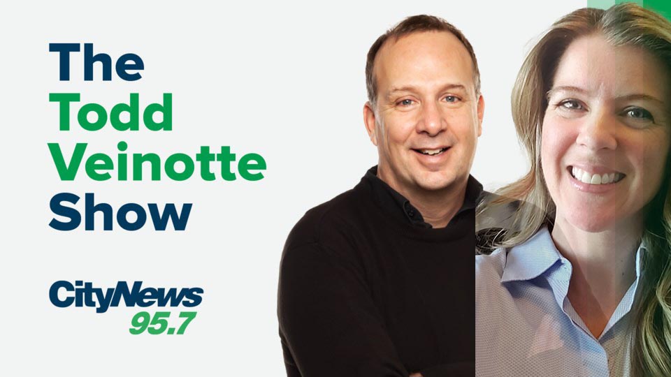 The image features text reading ’The Todd Veinotte Show’ in bold with ’CityNews 95.7’ below, overlaid on a white background. Two blurred individuals are partially visible, one dressed in black and the other in a light blue shirt.