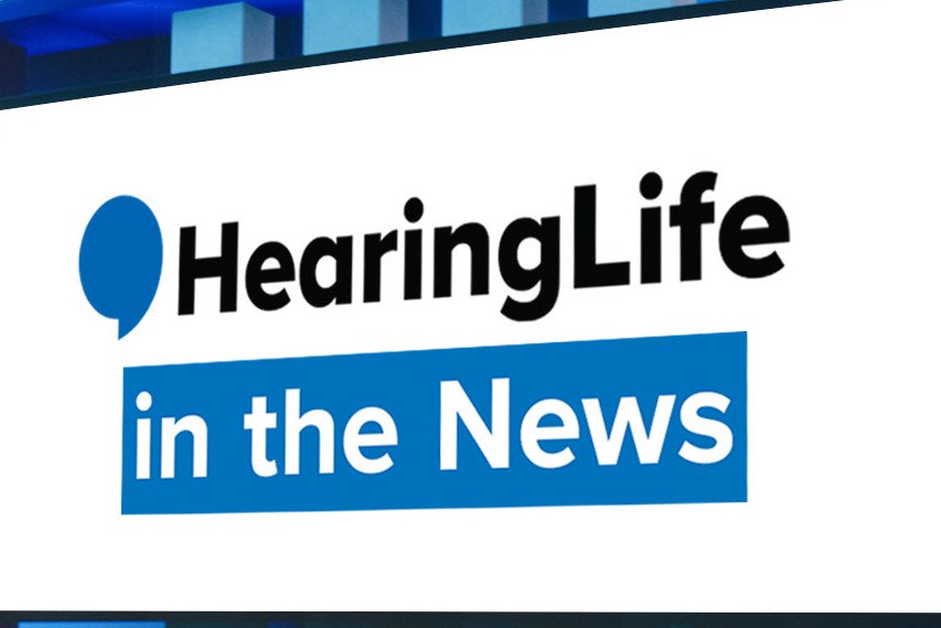 The image displays the text ’HearingLife in the News’ with ’HearingLife’ in black and a blue speech bubble icon, and ’in the News’ in white on a blue background; no additional context.