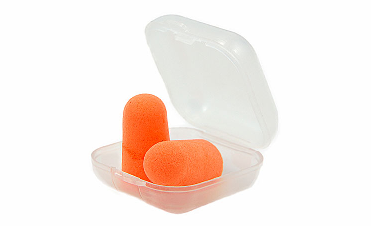 Orange foam earplugs in a transparent plastic case.