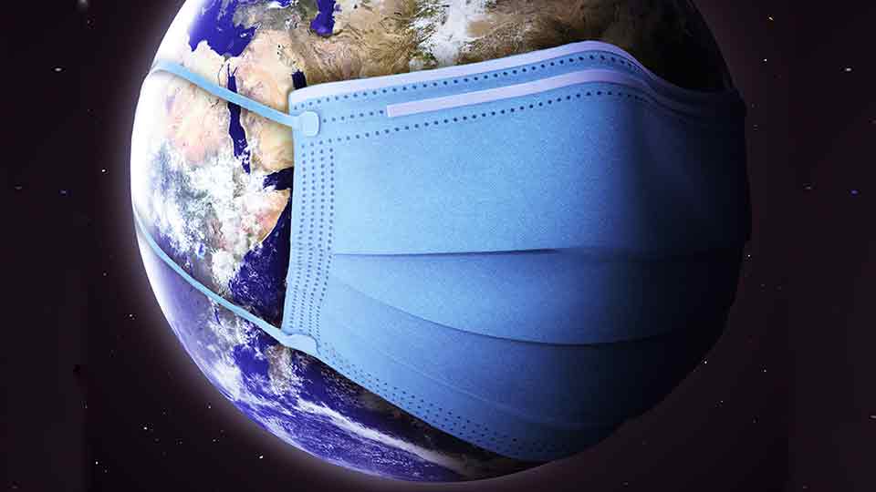 Earth wearing a blue mask, representing global hearing health tips for people with hearing loss.