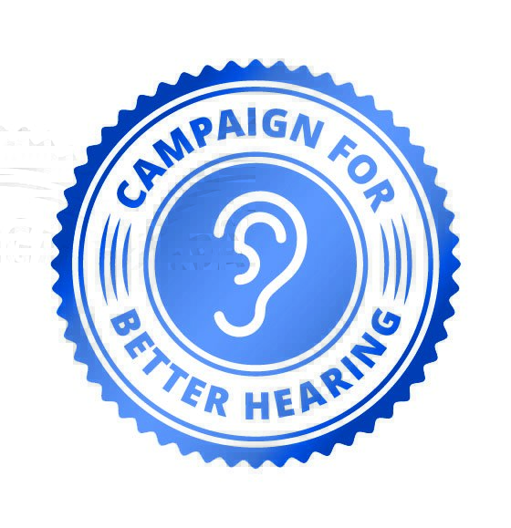 A blue circular emblem features a stylized ear icon in the center, surrounded by the text ’CAMPAIGN FOR BETTER HEARING.’ The badge promotes awareness for improved hearing health.