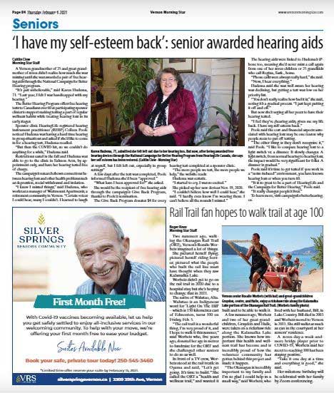 Newspaper page highlighting hearing aids awarded to a senior, a feature on a centenarian’s fitness goals, and an advertisement for senior living accommodations.