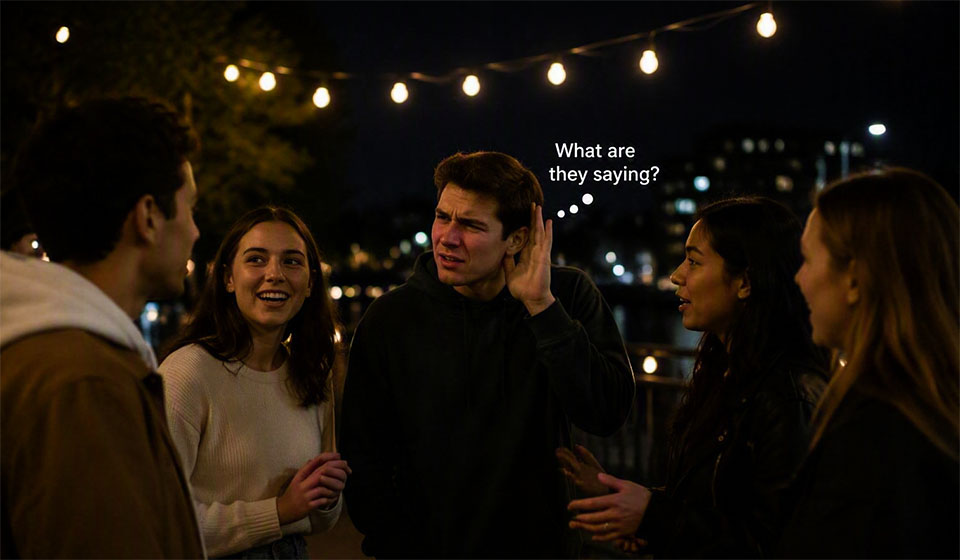 Man with temporary threshold shift struggling to hear his friends.