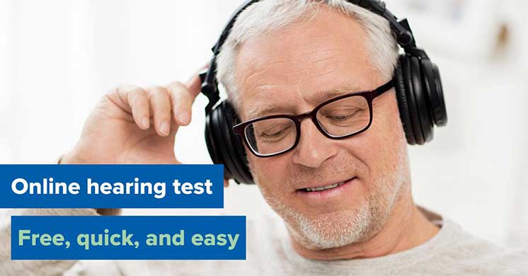 Image show man taking an online hearing test