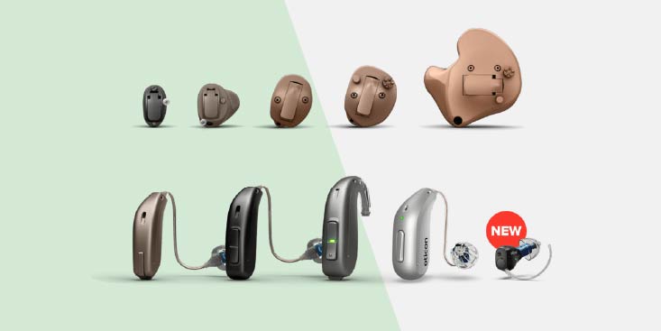 Seven hearing aids in various styles. The newest model, marked with a red ’NEW’ badge, is a receiver-in-canal hearing aid.