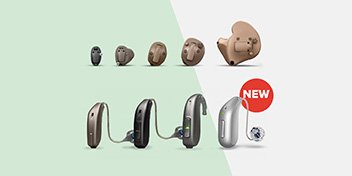 Six hearing aids in various styles. The newest model, marked with a red ’NEW’ badge, is a receiver-in-canal hearing aid.