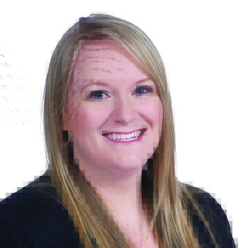 A person with long blonde hair wears a black top. The face is intentionally blurred, set against a plain white background. No text or identifiable hearing aids are visible.