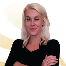 A blonde-haired individual with crossed arms is set against a white background featuring subtle yellow curved accents. The person's face is blurred, and no visible hearing aids or text appear.