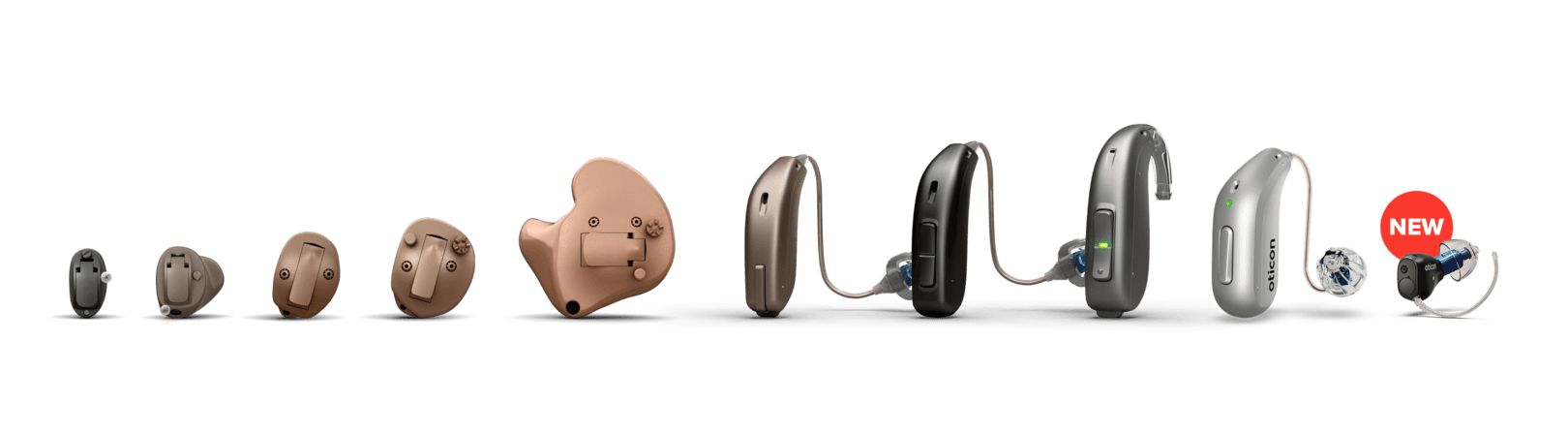 10 different hearing aids lined up in a row