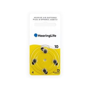 A pack of HearingLife hearing aid batteries (size 10) with five batteries displayed in a circular arrangement on yellow packaging. Text reads 'Hearing Aid Batteries,' 'Piles d'appareil auditif,' and '4' at the bottom left. The pack includes an eco-friendly 'Mercury Free' logo. Ideally suited for hearing aids from brands like Oticon, Bernafon, or Philips.