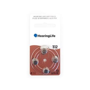 A pack of four 'HearingLife' brand size 312 hearing aid batteries, arranged in a circular compartment on a white and brown card. Text reads: 'HEARING AID BATTERIES, PILES D'APPAREIL AUDITIF, 312, 4 PACK/PAQUET.'