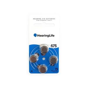 A HearingLife-branded pack of four size 675 hearing aid batteries, displayed in circular holders on a blue and white card. The packaging reads: 'HEARING AID BATTERIES, Plus d'appareil auditif.'