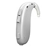 A sleek, silver behind-the-ear hearing aid with visible control buttons and a clear hook, likely from HearingLife's range, offering advanced hearing solutions in audiology and hearing clinics.