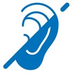 A blue icon of an ear crossed by a diagonal line, symbolizing hearing impairment or hearing loss, displayed on a white background. No text is present in the image.