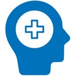 A solid blue silhouette of a human head contains a white circle with a blue medical cross, symbolizing healthcare or wellness, possibly related to hearing health or audiology services. No text is present.