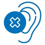 A stylized blue outline of an ear with a circular icon featuring a white ’X’ over the ear canal, symbolizing hearing loss or issues. No text is present.