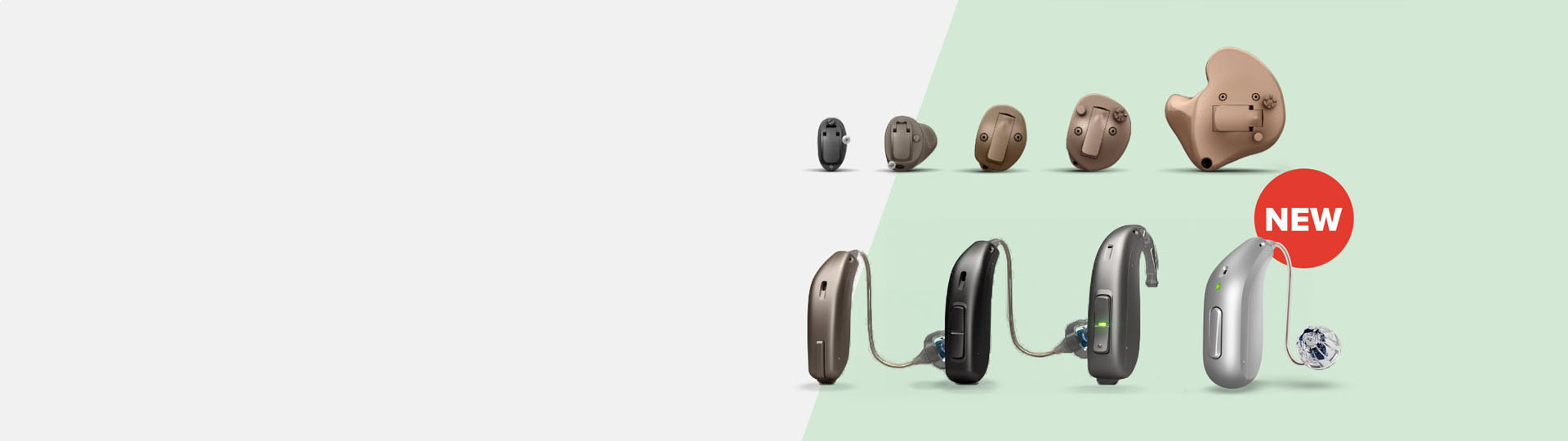 A lineup of modern hearing aids, including in-the-ear and behind-the-ear styles, displayed against a split white and green background. A red circular label reads ’NEW’ near a sleek silver model.