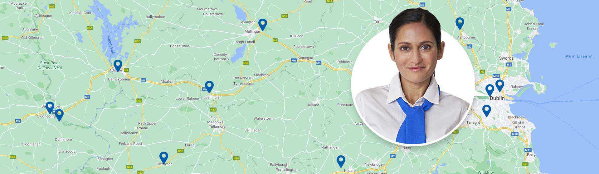 A map of Ireland highlights multiple blue location pins, focusing on HearingLife hearing clinic sites near Dublin, Athlone, Mullingar, and surrounding areas. On the right, a circular inset shows a blurred individual wearing formal attire. No text is present on the image.