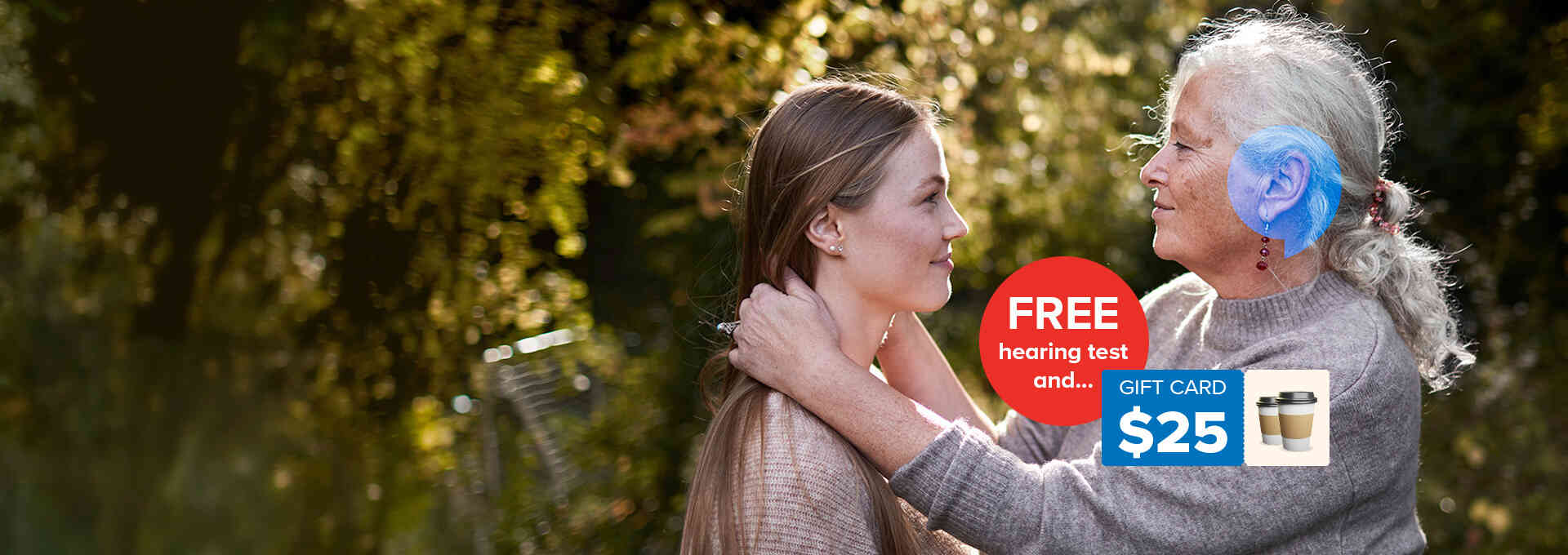 Woman and grandchild smiling at each other. Features a World Hearing Day 2026 promo for a $25 gift card at HearingLife.