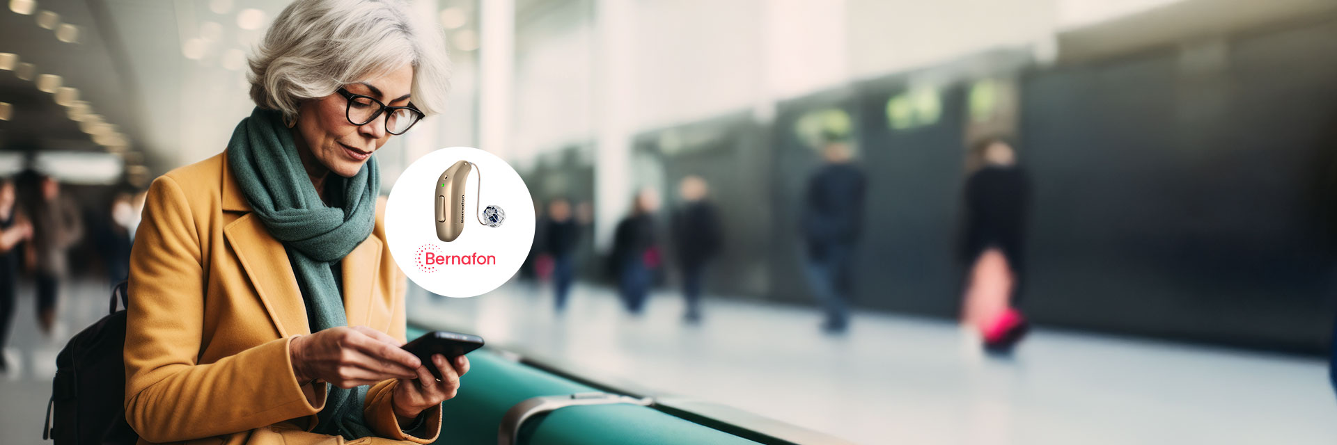 A person holds a red electric guitar while a child plays with drumsticks, sitting together in a cozy room. The Bernafon logo with hearing aid images and tagline, ’Your hearing - Our passion,’ is displayed in the foreground. Background features wooden shelves with decorative items.