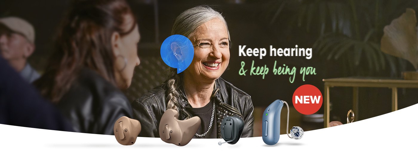 Banner showcasing various hearing aid models with the tagline ’Keep hearing & keep being you’ highlighted.