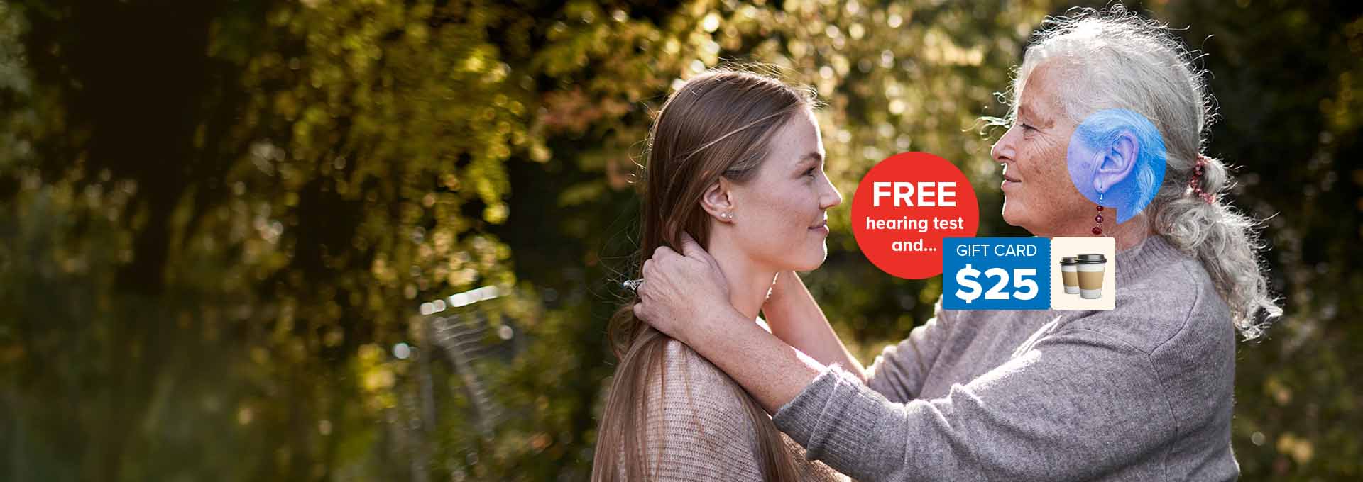 Woman and grandchild smiling at each other. Features a World Hearing Day 2026 promo for a $25 gift card at HearingLife.