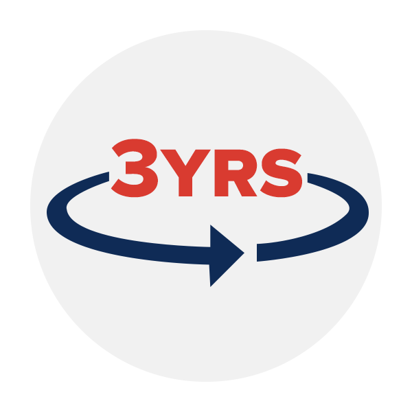 Bold red text stating '3 YRS' is encircled by a navy blue arrow forming a loop, suggesting a three-year guarantee or service period. Background is plain white.