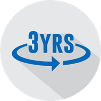 A circular icon features bold blue text '3YRS' with a blue arrow encircling it, symbolizing a three-year duration or warranty. The background is light gray with a subtle shadow effect.