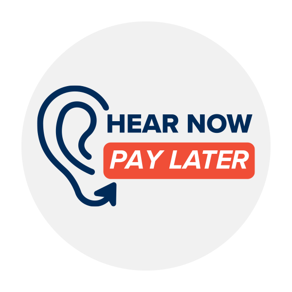 A stylized ear icon is accompanied by the bold text ’HEAR NOW’ in blue and ’PAY LATER’ in orange, promoting flexible payment options for hearing care services.