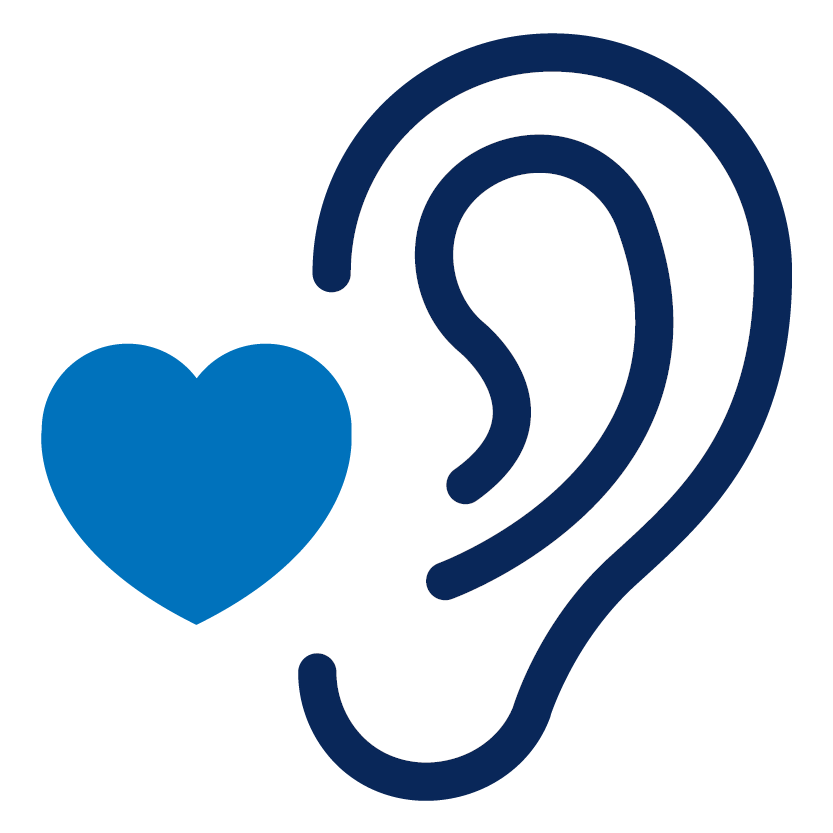 Ear with a blue heart symbolizing personalized hearing care.