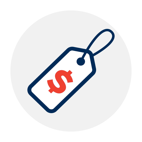 A price tag icon with a navy-blue outline and loop, featuring a bold red dollar sign in the center, set against a plain white background.