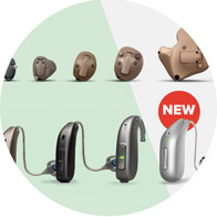 Various hearing aid models are displayed on a split green-and-white background, including discreet in-ear and behind-the-ear designs. A 'NEW' label highlights a sleek silver behind-the-ear model. No text present.