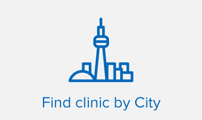 City skyline icon with a prominent tower, labeled ’Find clinic by City’.