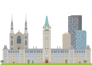 Illustration of Ottawa landmarks including Parliament Hill and nearby buildings.