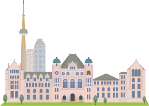 Toronto skyline featuring the CN Tower and a historic building with detailed architecture.