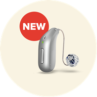Oticon Intent hearing aid with sleek silver design and ’New’ badge in red circle.