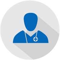A blue icon of a person wearing a stethoscope and medical attire is centered within a gray circular background, symbolizing healthcare professionals such as audiologists in a hearing care clinic setting.