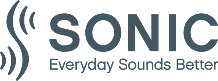 The logo features the word ’SONIC’ in bold capital letters, accompanied by sound wave icons on the left. Below, the tagline reads: ’Everyday Sounds Better.’