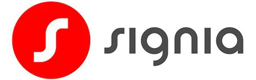 The Signia logo features a stylized white ’S’ within a red circle, positioned to the left of the word ’signia’ in modern gray lowercase letters, representing a hearing aid brand.