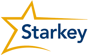 The Starkey logo features the company name in bold blue letters with a stylized yellow star sweeping around it, representing Starkey, a leading provider of hearing aids and hearing care solutions.
