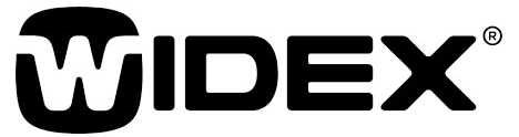 The logo features the word 'WIDEX®' in bold, black, uppercase letters, with a stylized 'W' inside a rounded square on the left. It represents Widex, a prominent hearing aid brand.