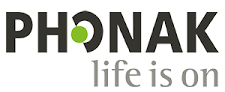 The Phonak logo features bold black text with a green dot integrated into the letter ’O,’ accompanied by the tagline ’life is on’ in gray below. Phonak specializes in advanced hearing aids and hearing care solutions.