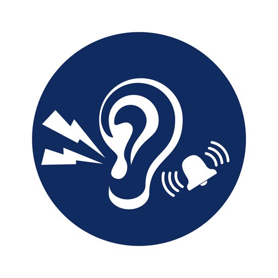 A white ear icon emits sound waves and a ringing bell within a dark blue circular background, symbolizing sound awareness or hearing alerts, possibly related to hearing care or testing services.