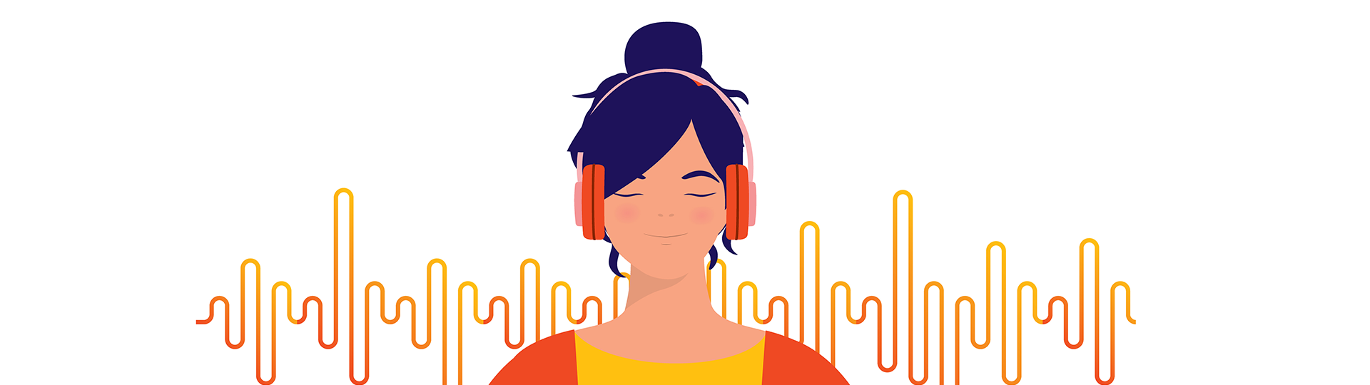 Person enjoying music with headphones, surrounded by vibrant orange and yellow soundwave patterns.