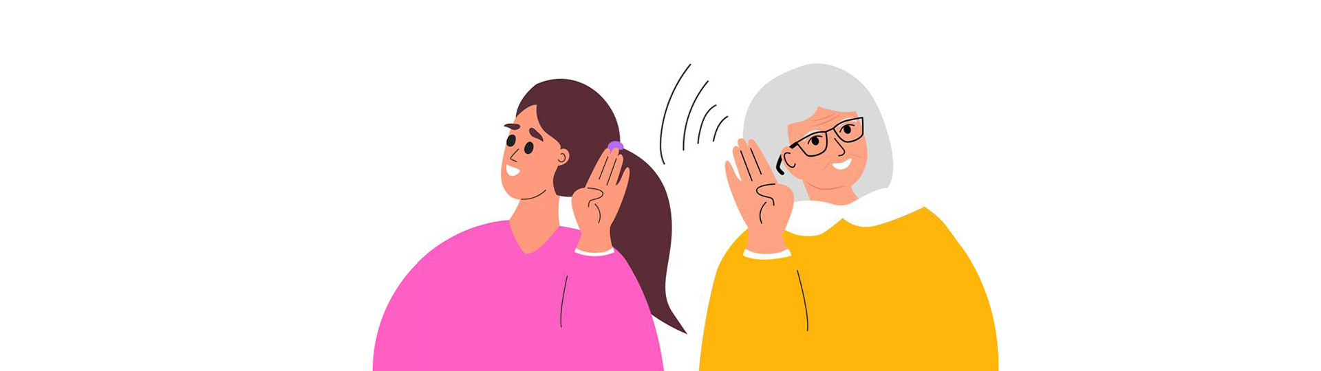 Young person and senior person touching their ears, emphasizing hearing awareness.