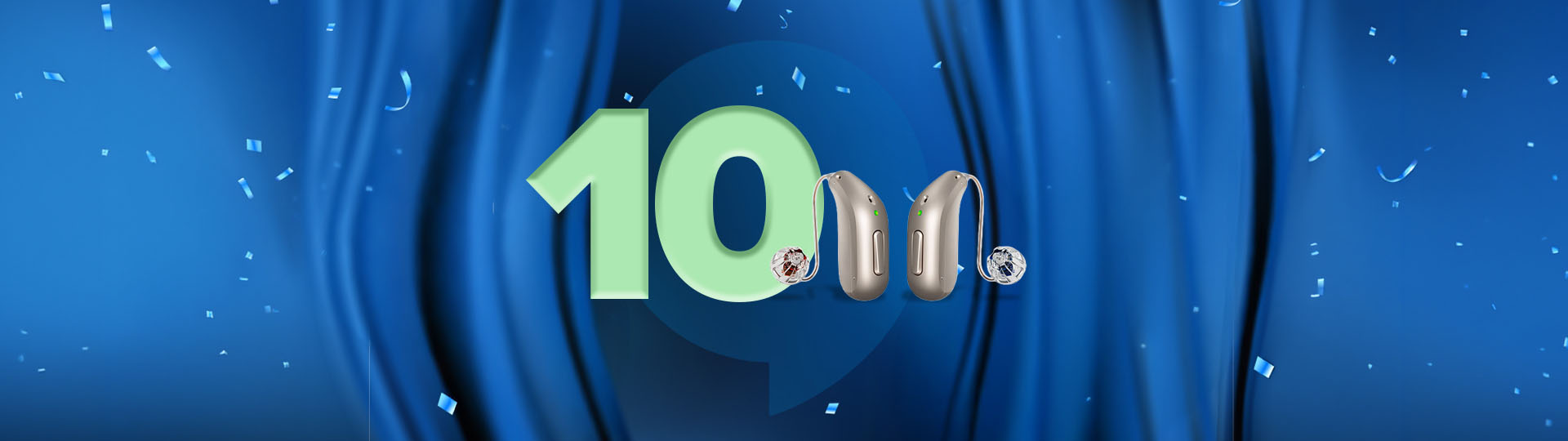 celebratory blue background with confetti, the number 10 and a pair of hearing aids