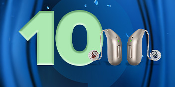 celebratory blue background with confetti, the number 10 and a pair of hearing aids