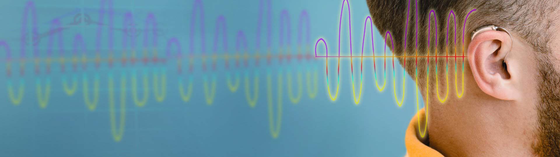 Ear equipped with a hearing aid, surrounded by vibrant sound waves representing advanced hearing technology.