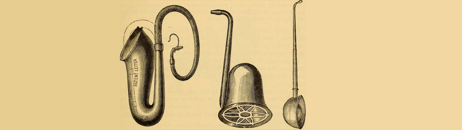 Vintage illustration showcasing various antique ear trumpets designed for hearing assistance.